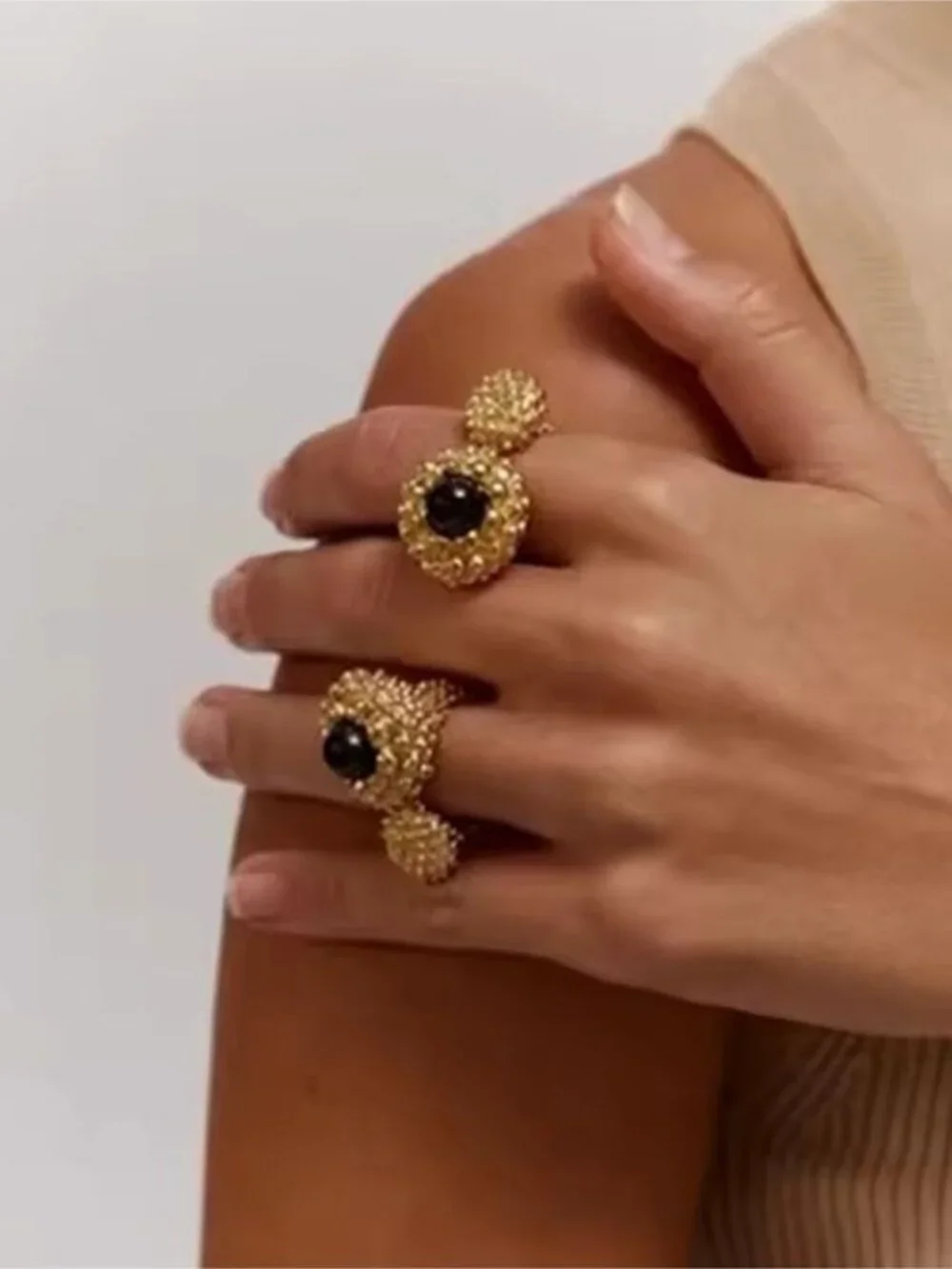 Gold tone Open Beaded Ring with Black Accent - Women's Jewelry